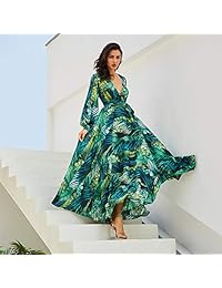 R.Vivimos Maxi vestidos de gasa con estampado en V y manga larga para mujer