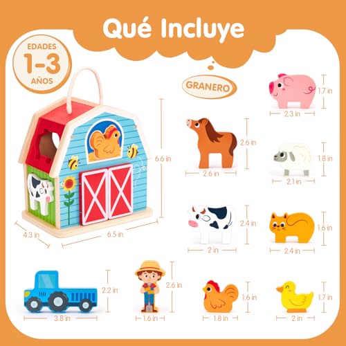 hahaland Montessori Toys 1 Year Old, 4 in 1 Farm Toy with 7 Animals & Barn, Wooden Stacking and Sorting Game, Gift for Kids Ages 1-3