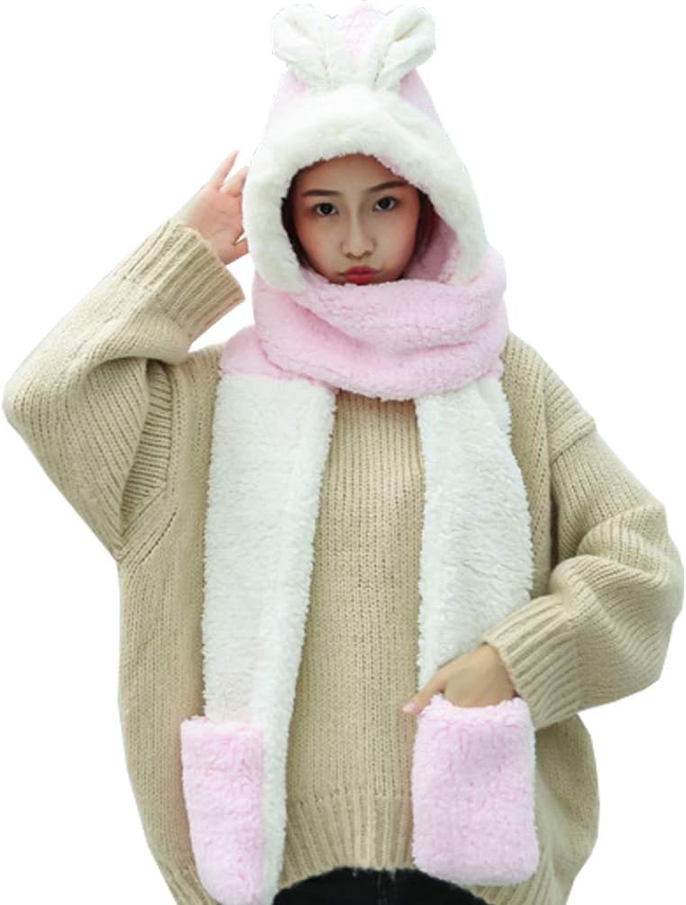 Maleroads 3 in 1 Women Girl Hooded Scarf With Pockets Hat Scarf Gloves Set
