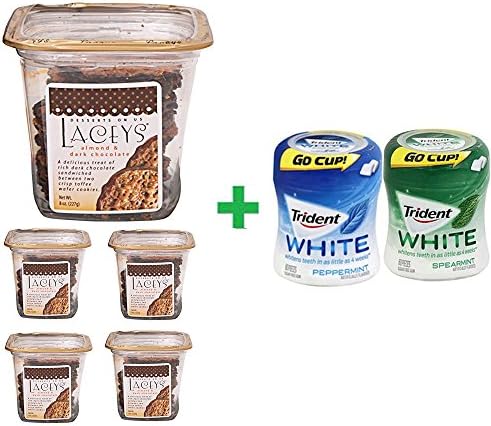 Lacey's Almond &amp; Dark Chocolate Toffee Wafer Cookies ,8 OZ (5 PACK)+ Trident Go Cup Spearmint 1/60 Count + Trident Go Cup Peppermint 1/60 Count(BUNDLE)