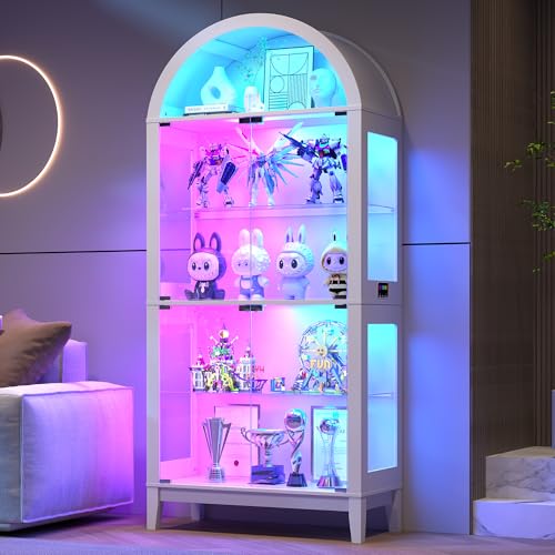 Arched 5-Tier Display Cabinet with RGB Lighting & Motion Sensor, 175 cm Tall Glass DIsplay Case with Doors for Living Room, Bedroom, Home Office, Displaying Books and Decor, White