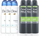 3 Bottles Dove Anti-Perspirant Deodorant Original & 3 Bottles Dove Men + Care Extra Fresh Spray Deodorant 48hr 150ML / 5.07 Oz - (Total 6 Bottle Pack)