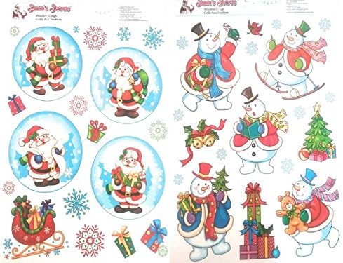 2 CHRISTMAS Glitter Santa &amp; No Glitter Snowman Window Clings Bundle Large Visible from Both Sides Reusable Great Value
