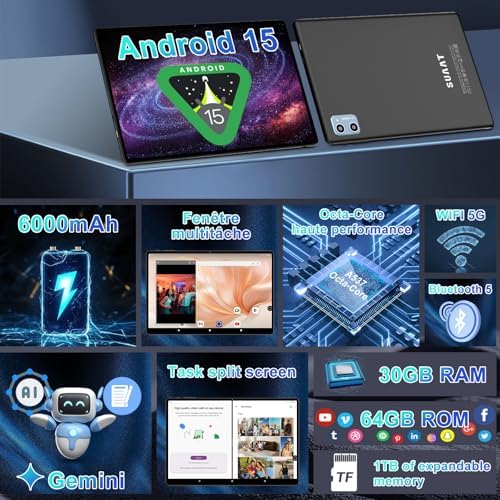 2026 Tablet Android 15 Octa Core con 64GB RAOM +2TB TF Tablet 10 Pulgadas|5G + 2.4G WiFi | FHD | GMS | Bluetooth 5.0 | 8MP + 5MP | Tipo C, Tablet táctil con funda, teclado y ratón, color negro