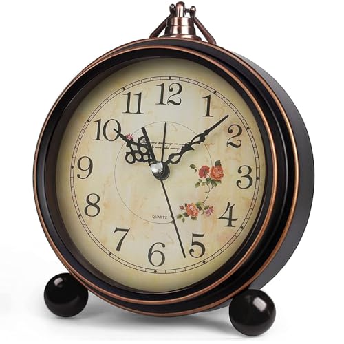 Königswerk Vintage Analog Alarm Clock, 5.25 inch Small Silent Desk Clock with Night Light, Battery Operated for Table, Bedroom, Bedside, Living Room, Gift Clock (Flower)