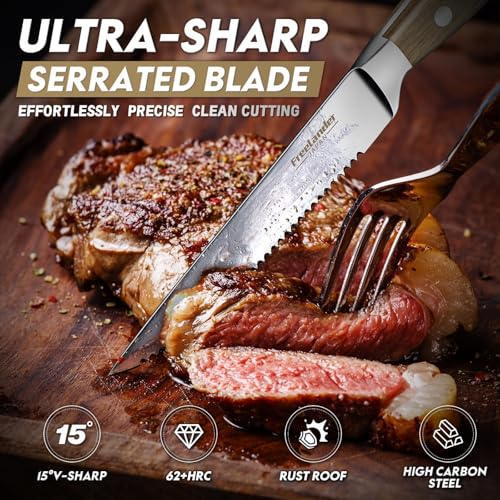 Freelander 6-piece Meat Knife Set, Table Knives with Serrated Edge and Ergonomic Wooden Handle, Sharp Steak Knives for Cutting Steak and Meat
