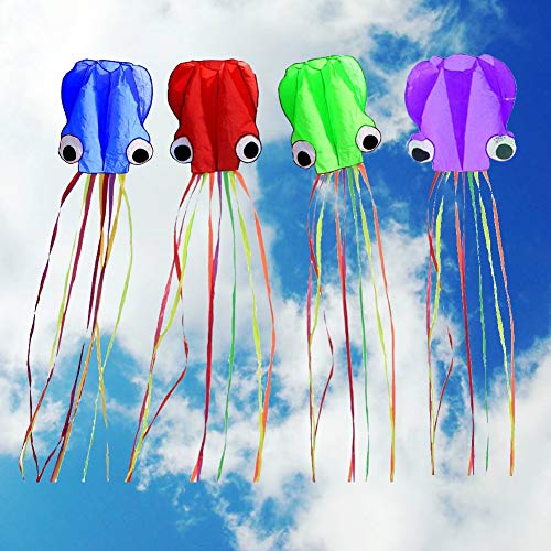 Set Of 4 Large 157.5" High Cartoon Big Round Eyes Octopus Kites With Colorful Ribbon and Kite Board With 98.4 Foot String For Kids Toy Enjoy Parent-child Time Beach Park Outdoor - Thumbnail 5