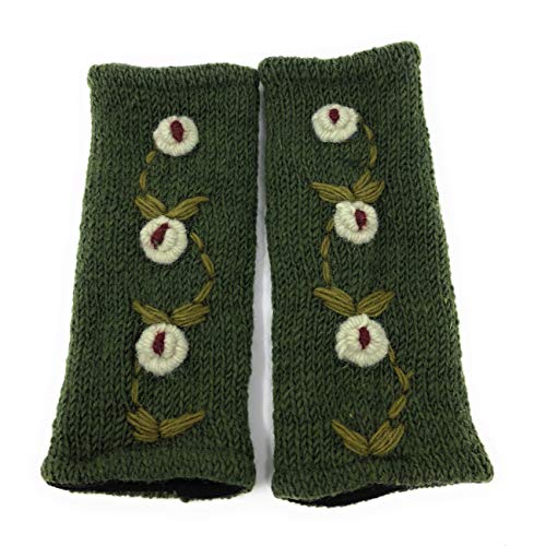 Floral Insulated Lined Wool Knit Arm Warmer Fingerless Gloves Thumb Hole Hand Mittens (Green/Light Green Rose)