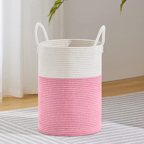 VIPOSCO Tall Laundry Hamper, Woven Rope Storage Basket for Blanket, Toys, Dirty Clothes in Living Room, Bathroom, Bedroom - 30L Pink & White