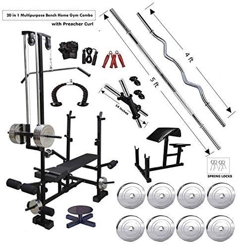FIT KART 20 in 1 Flat Bench with Preacher curl Added tricape Rope with 60 kg Home Gym equipments, Steel , Multicolor