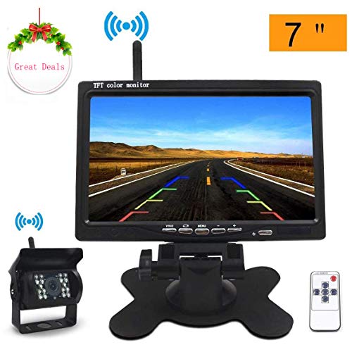 Wireless Backup Camera Monitor Kit, with 7 Inch TFT LCD Screen Vehicle Rear View Camera 2.4G Signal/Waterproof/18Pcs LED Night Vision/Wide Angle Reversing Camera Kit for Camping Cars/SUV/RV