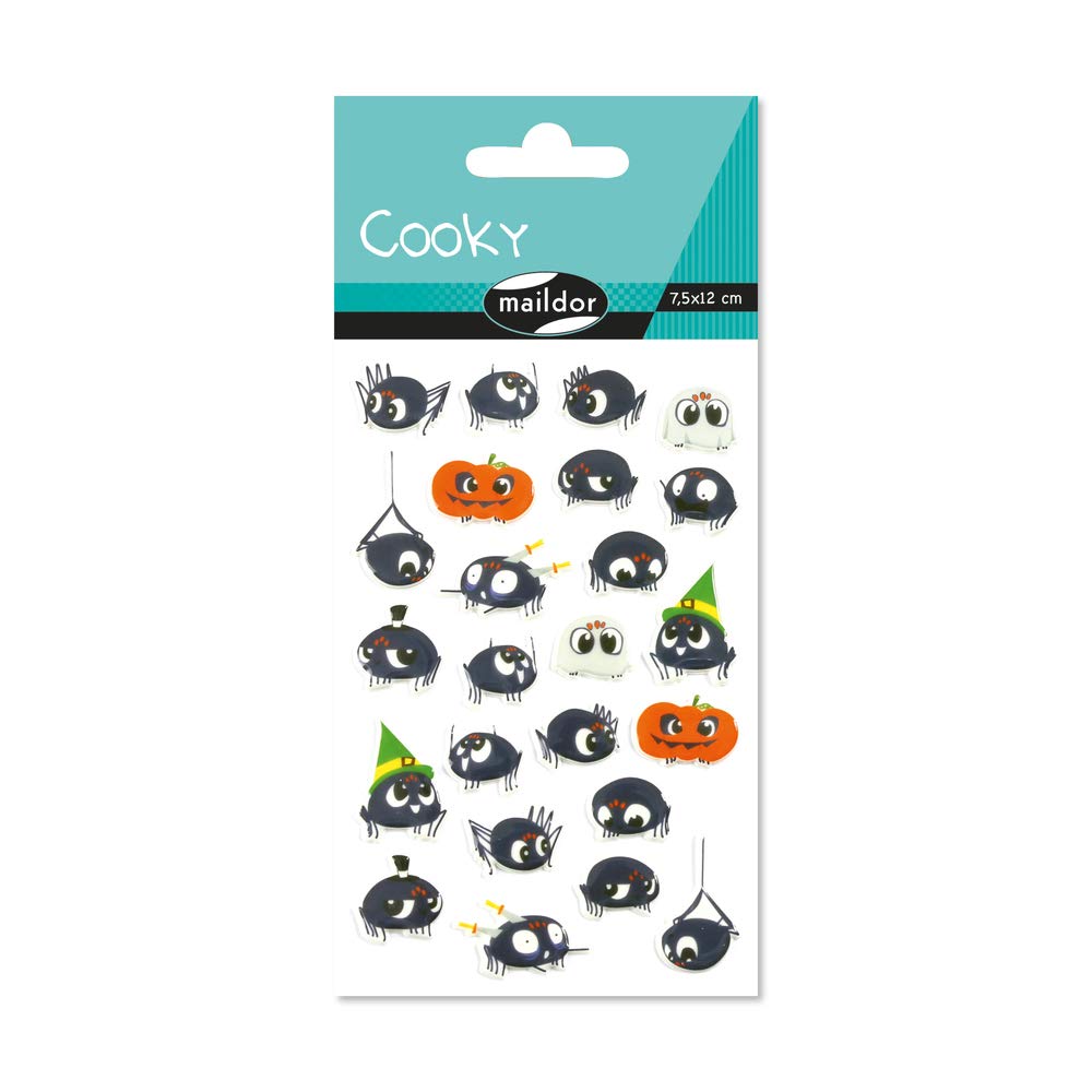 Maildor - Ref CY083C - Cooky Stickers (Single Sheet) - 7.5 x 12cm - Halloween Spider Designs - Approximately 24 Stickers, 3D Stickers, Suitable for Children Aged 3+