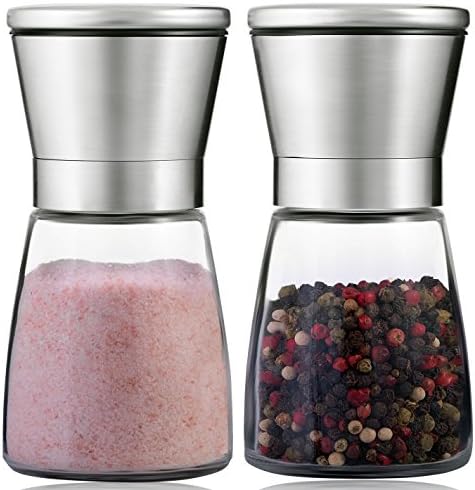 [Upgraded] Salt And Pepper Grinder Set With Stand – Brushed and Handheld Stainless Steel Mills With Ceramic Blades &amp; Adjustable Coarseness For Himalayan Pink Sea Salt