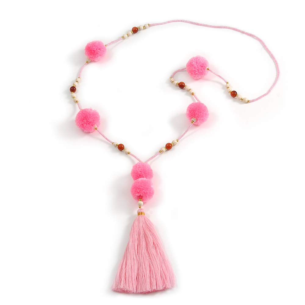 Avalaya Baby Pink Glass Bead, Pom Pom, Tassel Long Necklace - 88cm L/ 17cm Tassel