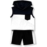 Voxikodex 2-6 Years Toddler Boy's 2 Piece Outfits Color Block Sleeveless Hoodie Tank Tops & Shorts Set Boys Summer Clothes