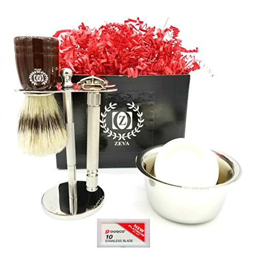 Premium Luxury DE Safety Razor Shaving Gift Set for Men, Shaving mug, Badger Brush, Razor Stand Gift for Father Husband Beautiful Packed In a Box Men Grooming kit High Quality Stainless Steel Complete - Thumbnail 3
