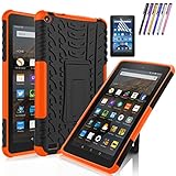 Windrew Hybrid Heavy Duty Armor Protection Cover [Anti Slip] [Built-In Kickstand] Skin Case For Amazon Fire 7 5th Generation 2015 Release Tablet + Screen Protector and Stylus Pen (Orange)