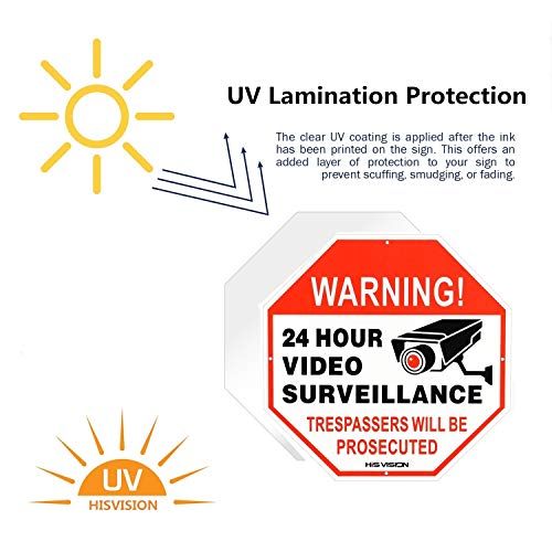 HISVISION Video Surveillance Sign 2-Pack, No Trespassing Metal Reflective Warning Sign,UV Protected & Waterproof, 12"x 12" 0.40 Aluminum Indoor Or Outdoor Use for Home Business CCTV Security Camera - Thumbnail 3