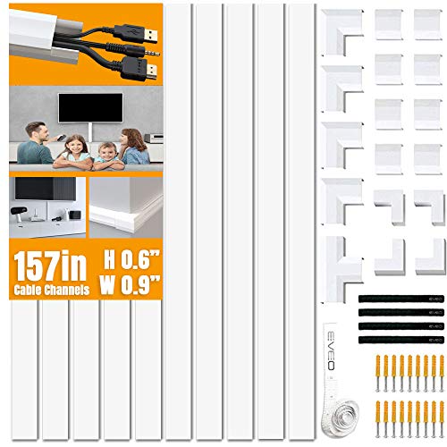 Cable Concealer on Wall Raceway - Paintable Cord Cover for Wall Mounted TVs - Cable Management Kit Including Connectors & Adhesive Strips Connected to Raceway