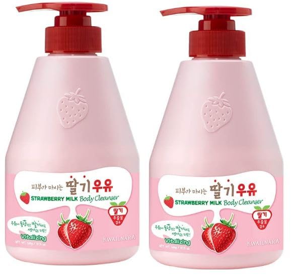 KWAILNARA Strawberry Milk Body Cleanser 560g x2 | Korean Body Wash with Milk Protein | Hydrating Shower Gel for Soft Smooth Skin | Gentle Daily Body Wash for All Skin Types (Pack of 2)