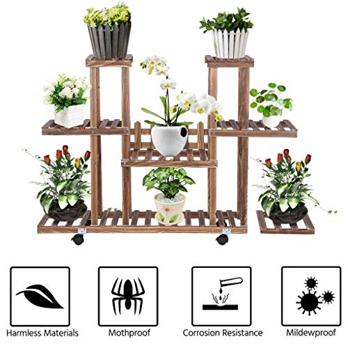 Iuhan Wooden Plant Stand Rolling Garden Cart Plants Flower Display Racks Holder Ladder with 4 Tier Garden Decoration Display 4 Layers Planter Rack Shelf Organizer for Indoor Outdoor - Thumbnail 6