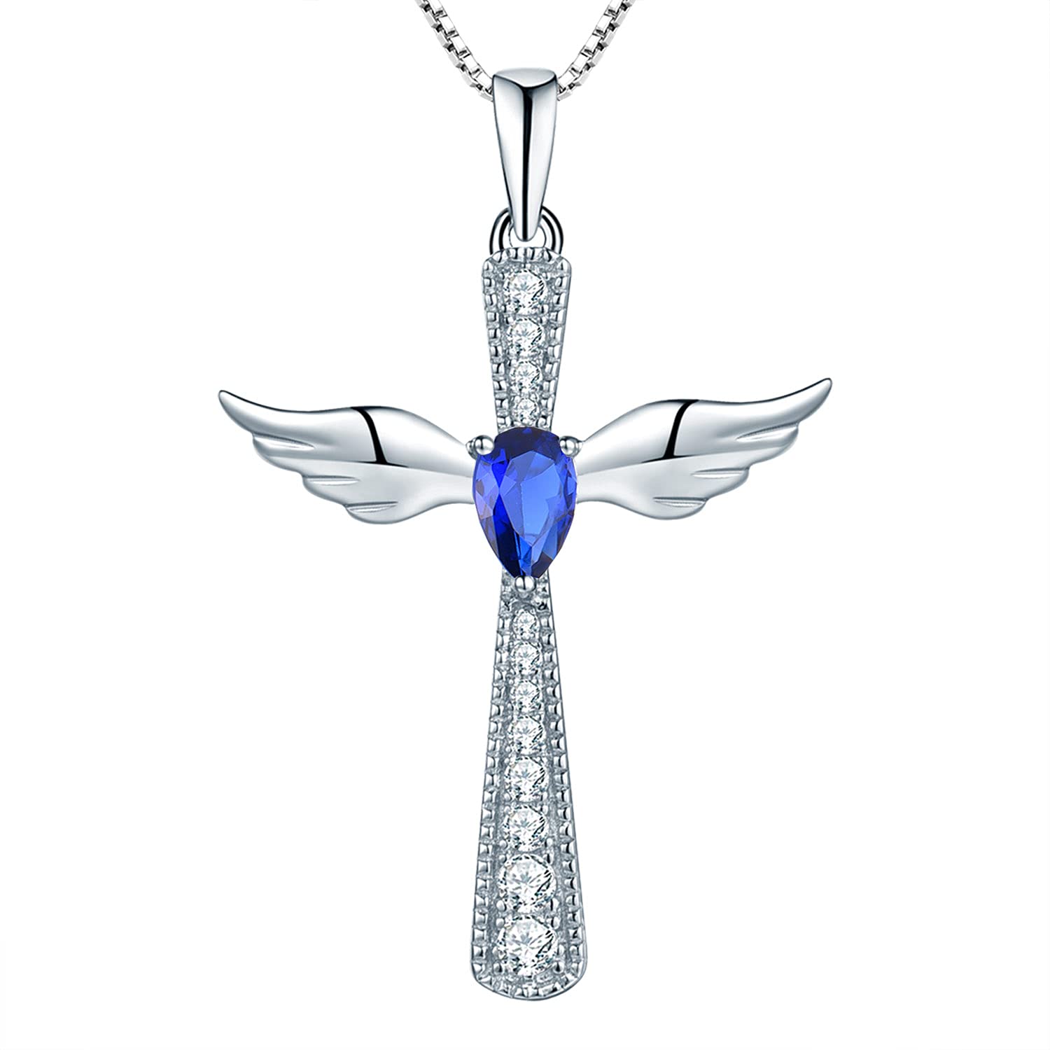 YL Cross Angel Wing Necklace 925 Sterling Silver September Birthstone Spinel Blue Guardian Angel Pendant Necklace for Women