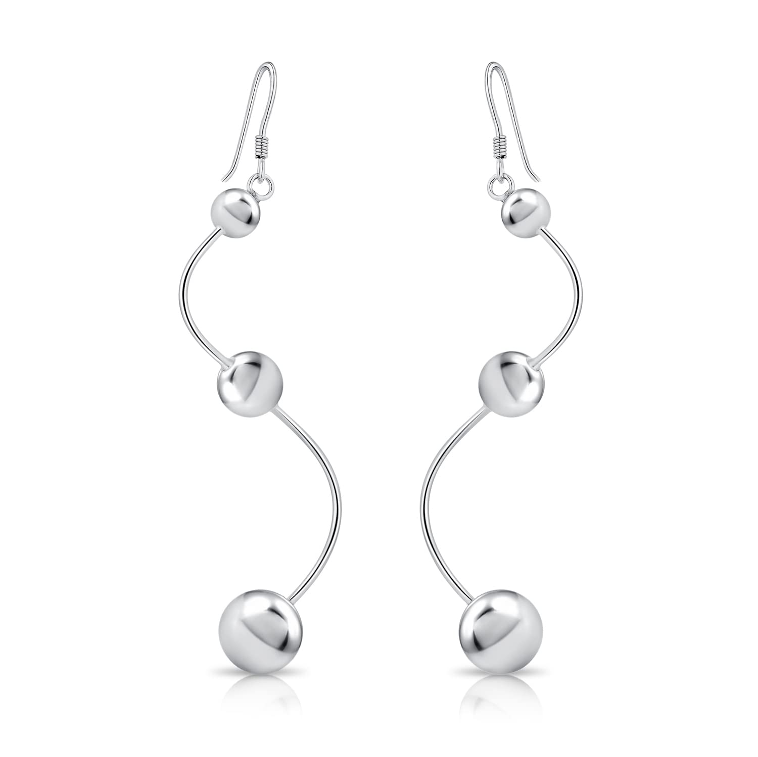 DTPSilver - 925 Sterling Silver Rodium Plated Wavy Triple Balls Dangling Earrings