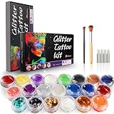 Glitter Tattoo Kit, Nunalisa Gillter Shimmer Body Art 21 Colors Temporary Tattoo Make Up Body Glitter Dust Powder Mermaid Flakes Holographic Nail Sequins for Festival Body Paint Non-toxic
