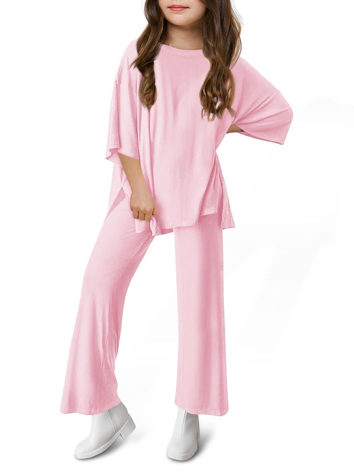 Photo 1 of Haloumoning Girls Clothing Sets Summer Oversized T Shirts and Wide Leg Pants Kids Fashion 2 Piece Outfits 4-14 Years