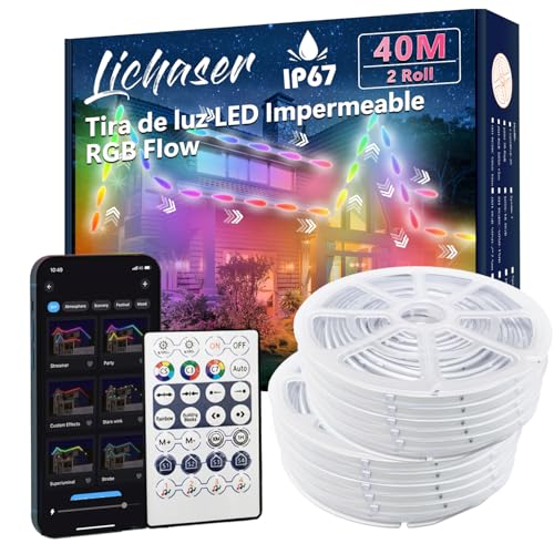 Lichaser Tira LED Exterior Impermeable DIY IP67 RGB+IC, Seguimiento, Segmentación de Tiras LED con Aplicación BT y Control Remoto RF Para uso en Exteriores (40m)