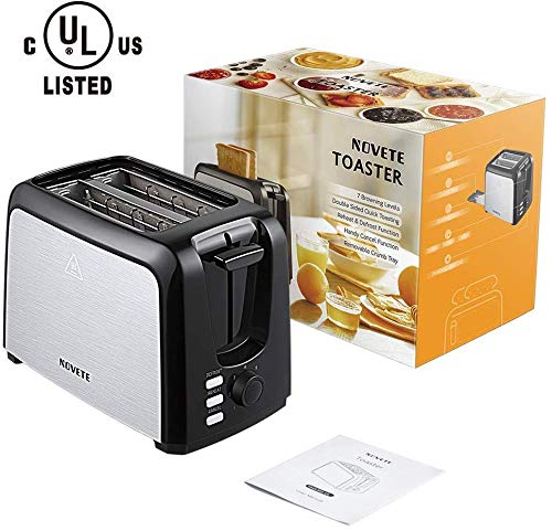 NOVETE Toaster 2 Slice, 2 Slice Toaster Wide Slot, Stainless Steel Toaster with 7 Shade Settings, Removable Crumb Tray, Defrost/Reheat/Cancel Functions, UL Certified Home Compact Toaster