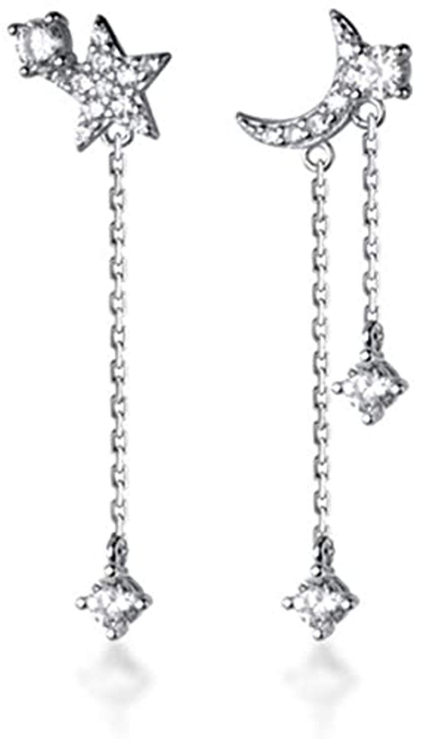 Crystal Moon Star Dangle Drop Stud Earrings S925 Sterling Silver for Women Girls Dainty CZ Diamond Tassel Threader Chain Dangling Earring Asymmetrical Studs Fashion Jewelry Gifts (Silver)