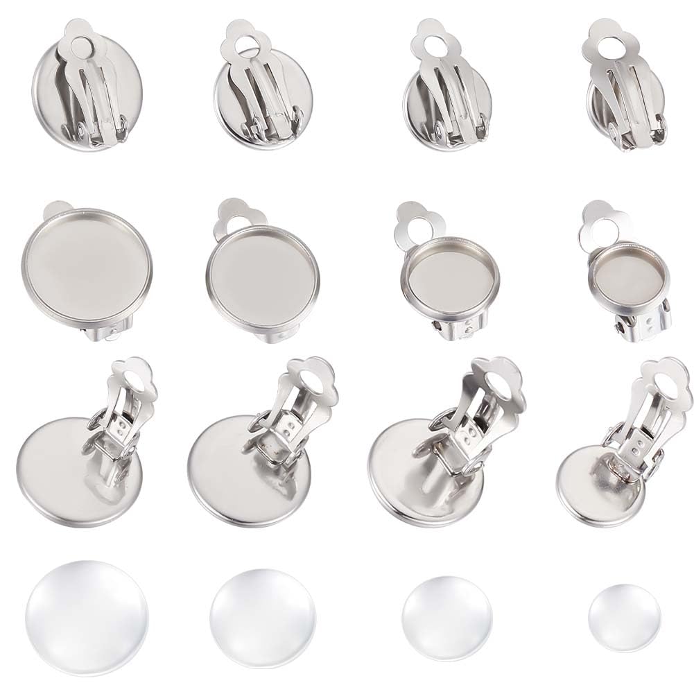 UNICRAFTALE About 4 Sizes 8mm-14mm Clip-on Earrings Blanks with Cabochons 40sets Stainless Steel Earring with Glass Cabochon Flat Tray Leverback Earring for Non-Pierced Ears DIY Earrrings