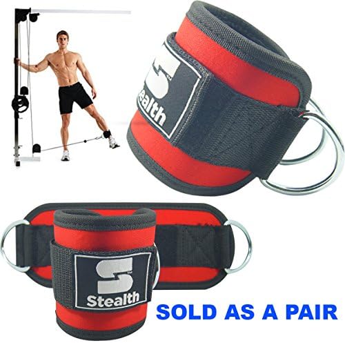 Ankle D Ring straps 4" wide cable Attachment for legs (PAIR) RED - Strong velcro with Double rings - comfortable neoprene