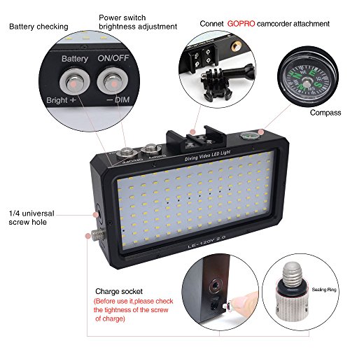 Mcoplus LE-120Y 25M /82ft 5500K Waterproof Video LED Underwater light Diving Lamp for Digital Gopro Camera,Campass,Gopro Mount and Camera Hot Shoe Mount with Built-in Lithinum Battery - Thumbnail 4