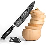 Japanese 8 inch Chef Knife and Sharpener Set for Meat, Vegetables, Fish and Sushi: Cut and Slice with Precision. Ergonomic Handle, Ultra Sharp Stainless Steel Blade, Professional Kitchen Slicer