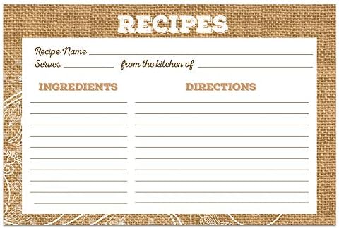 Burlap And Lace Rustic Recipe Cards 48 Cards 4X6 Inches Waterresistant