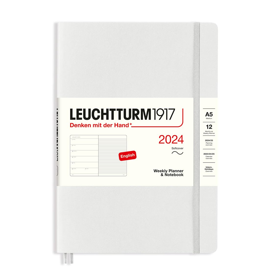 LEUCHTTURM1917 367770 Weekly Calendar & Notebook Softcover Medium (A5) 2024, 12 Months, Light Grey, English