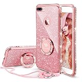 Cute iPhone 8 Plus Case, Cute iPhone 7 Plus Case, Glitter Luxury Diamond Rhinestone Bumper with Ring Grip Kickstand Protective Girly Pink iPhone 8 Plus/ 7 Plus Case for Women Girl - Rose Gold Pink