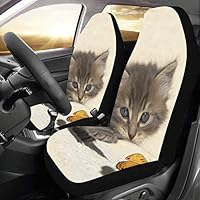 Cute Kawaii Cat with Butterfly Custom New Universal Fit Auto Drive Car Seat Covers Protector for Women Automobile Jeep Truck SUV Vehicle Full Set Accessories for Adult Baby (Set of 2 Front)