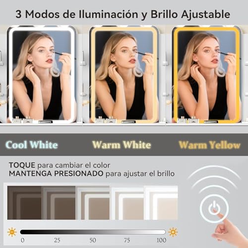 Dopwii Tocador Vanity con Espejo LED, Tocador de Maquillaje Vintage Blanco con Enchufe Incorporado y Tira de Luces RGB, Escritorio con 2 Cajones