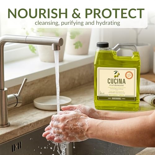 Cucina Fruits & Passion Hand Soap Refill, Coriander & Olive Tree – 1 L (33.8 fl oz) – Olive Oil Enriched, Biodegradable Formula, Kitchen Hand Soap