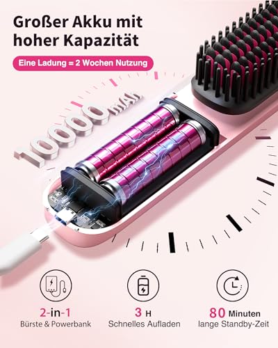 Bopcal Glättbürste Kabellos 10000mAh, 3 in 1 Haarglätter Bürste mit Millionen Negative Ionen, Wiederaufladbar Glättungsbürste für Reise, Verhindert Haarziehen & Glättet Schneller, JDS1 18
