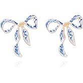 Ribbon Bow Stud Earrings for Women Dainty Blue and White Porcelain Enamel Ribbon Bowknot Earrings Vintage Big Leopard Bow Stud Earrings Trendy Jewelry Gift
