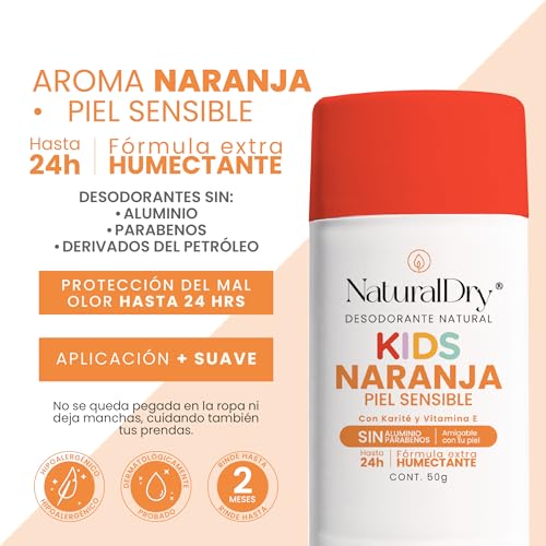 Naturaldry - 2 desodorantes infantiles Kids SIN BICARBONATO DE SODIO unisex Natural ideales para pieles sensibles - No obstruye los poros - SIN ALUMINIO - Sin parabenos - Aroma Naranja para niños y niñas - En Barra