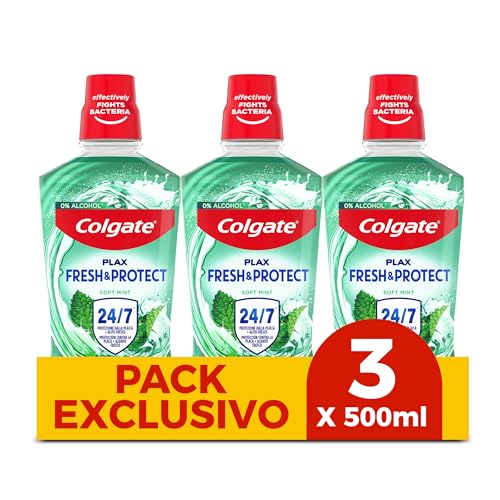 - Colutorio Plax Multiprotección Pack 3 x 500 ml - Enjuague Bucal con Flúor - Elimina la Placa Bacteriana y Proporciona una Protección 24h - Aliento Fresco