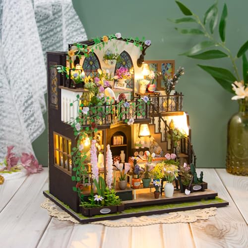 Kit DIY Casa Miniatura Jardim de Madeira Com Luz LED Modelo de Estufa Floral Brinquedo de Montagem Artesanal (Floral Casa Miniatura)