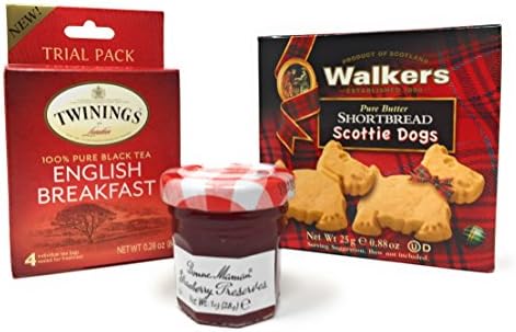 Gourmet Mother's Day English Breakfast Bundle - 3 Items with 1 Trial Pack of Twinings Tea, 1 Small Box of Scotty Dog Shortbread Cookies and Tiny Pot of Strawberry Preserves