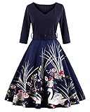 ZAFUL Women's 50s Vintage Floral V-Neck 3/4 Sleeve Party Swing Dresses With Belt (L, Navy Blue)
