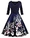 ZAFUL Women's 50s Vintage Floral V-Neck 3/4 Sleeve Party Swing Dresses With Belt (L, Navy Blue)